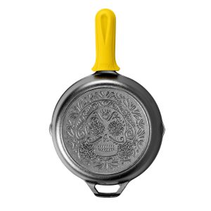 Seasoned Cast Iron Sugar Skull Skillet with Deluxe Handle Holder