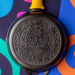 Seasoned Cast Iron Sugar Skull Skillet with Deluxe Handle Holder